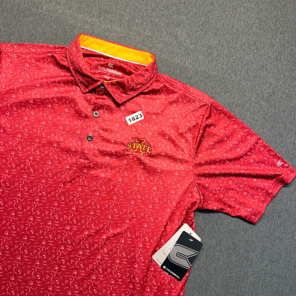 Colosseum Iowa State Cyclones Mens XL Polo Shirt Red Football Doodle Print NWT